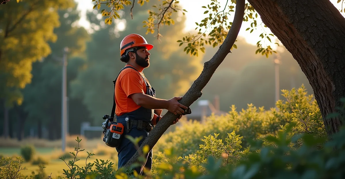 Fotografía fotorealista de un arborista certificado operando una grúa en una zona comercial de Santa Fe, con el árbol a