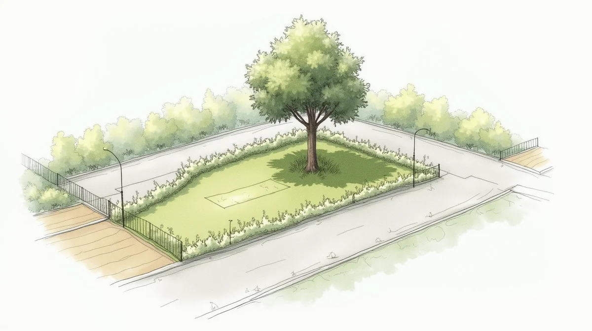 Ilustración técnica que muestra un plano de sitio con el árbol marcado, señalando la ubicación del croquis requerido por