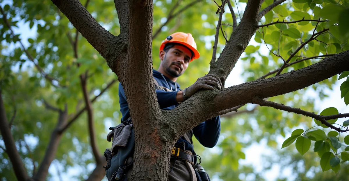 Fotografía de un arborista certificado trabajando en la poda de un árbol urbano en una zona de alta densidad de la CDMX, sin