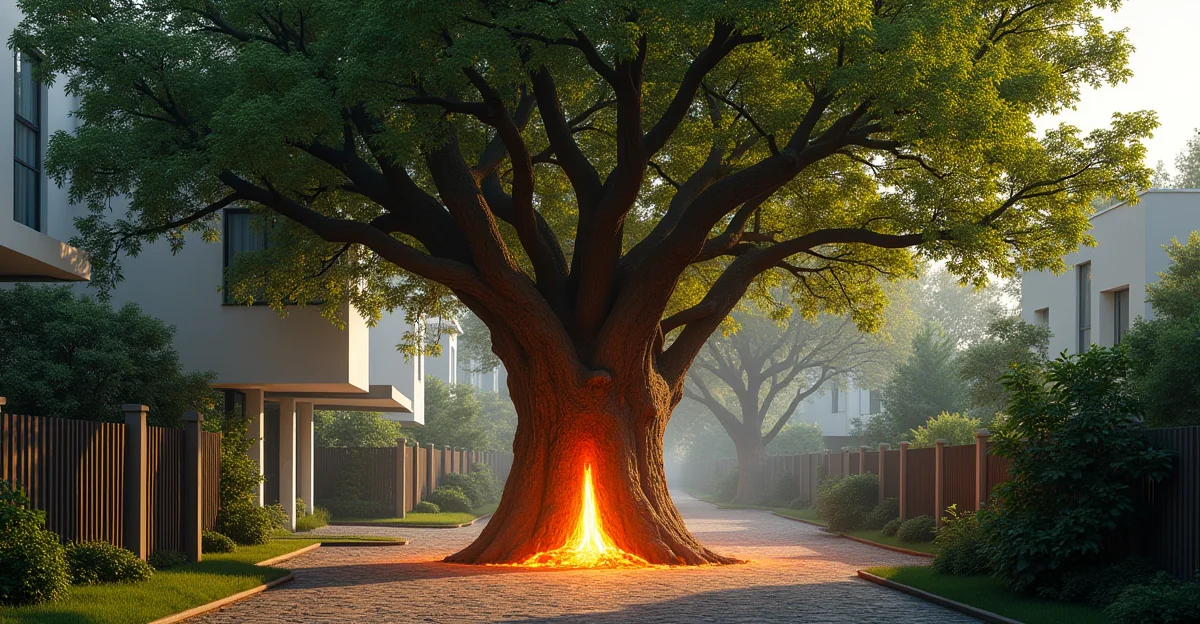 Fotografía de un árbol de gran porte en una zona residencial de Cuajimalpa, con maquinaria de derribo en acción, sin texto