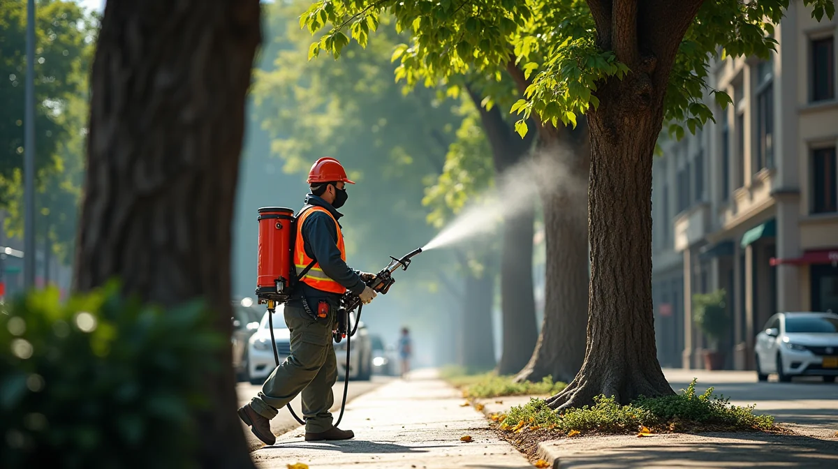 Ilustración técnica de un arborista aplicando un tratamiento fitosanitario con equipo de protección, sin texto overlay