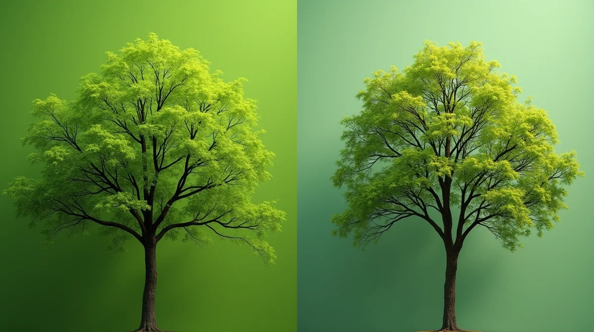 Imagen ilustrativa sobre Comparación lado a lado de un árbol saludable y otro con síntomas de enfermedad o plaga (ejemplo: hojas con manchas, ramas podridas, presencia de insectos). Fotorealista, sin texto, enfocado en detalles visuales que ayuden a la identificación de problemas fitosanitarios. para el artículo ¿Cuándo contratar servicios fitosanitarios para árboles en CDMX? 2026
