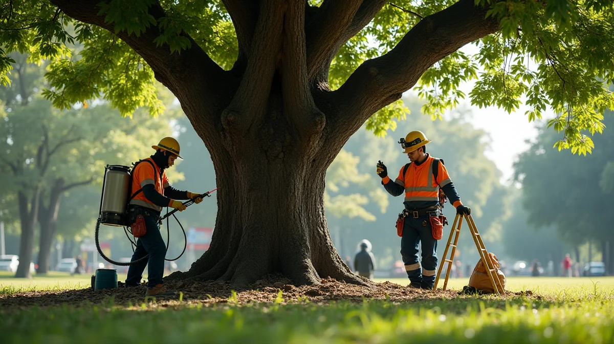 Imagen ilustrativa sobre Equipo profesional realizando un servicio fitosanitario en un árbol urbano de la CDMX. Se observa la aplicación de productos, poda sanitaria y uso de equipos de protección. Fotorealista, sin texto, enfocado en el proceso técnico. para el artículo ¿Cuándo contratar servicios fitosanitarios para árboles en CDMX? 2026