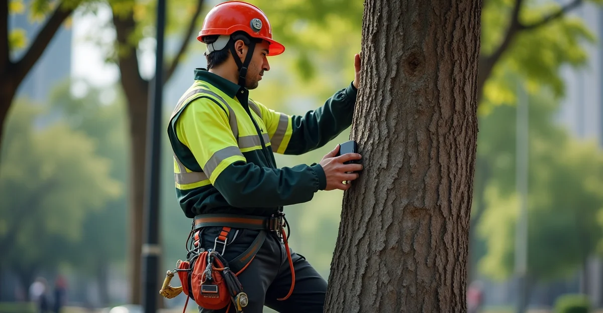 Fotografía de un arborista certificado inspeccionando un árbol en una zona urbana de Miguel Hidalgo, con casco de seguridad y