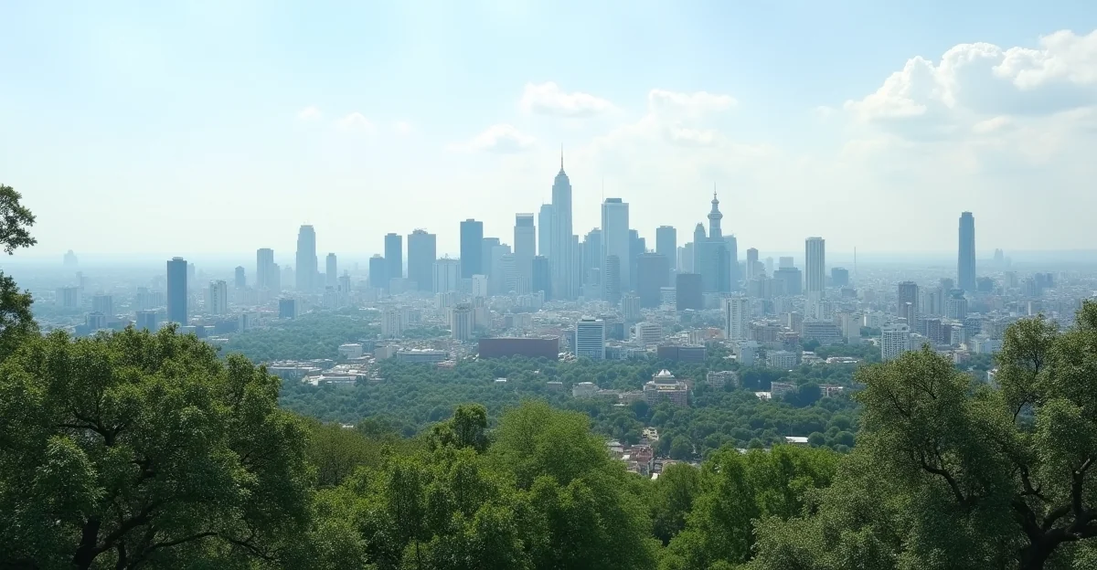 Imagen ilustrativa sobre Fotografía panorámica del skyline de la Ciudad de México con áreas verdes y árboles destacados, sin texto. para el artículo Estudio de impacto ambiental inmobiliario CDMX: guía 2026
