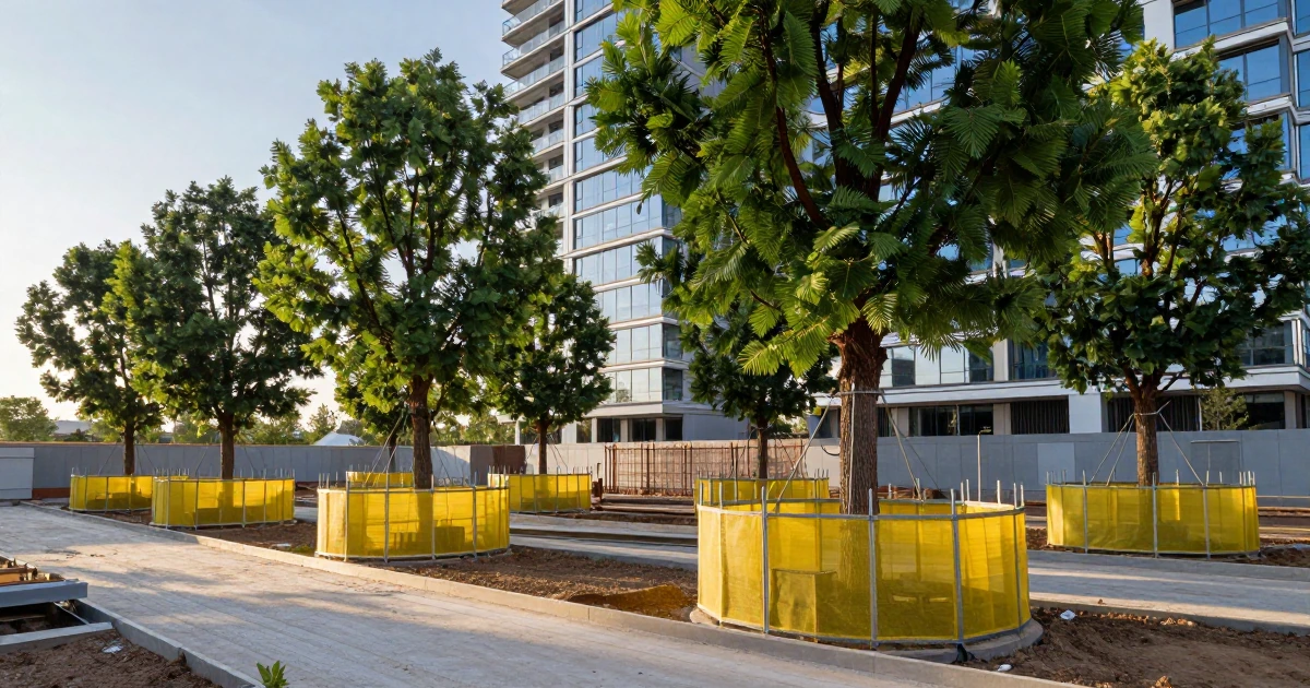 Obra en construcción en Santa Fe con árboles maduros protegidos por vallas amarillas frente a modernos edificios de cristal