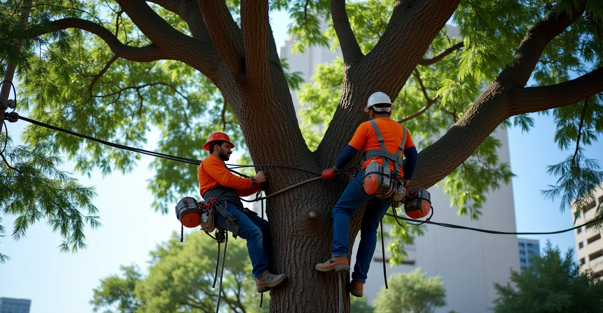Fotografía de un equipo de arboristas certificados trabajando en la poda de un árbol grande cerca de una línea eléctrica en