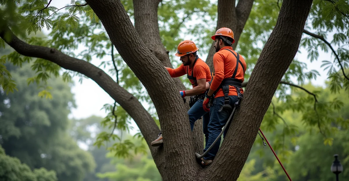 Fotografía de alta resolución de un árbol urbano en CDMX con un equipo de arboricultores aplicando un producto fitosanitario