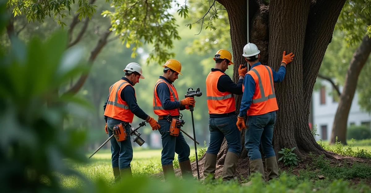 Fotografía de un equipo de arboristas de SAYDE realizando un tratamiento fitosanitario en un área verde urbana de la Ciudad
