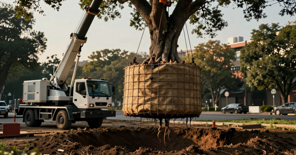 Grúa industrial trasplantando un árbol adulto con cepellón protegido en una zona urbana de la Ciudad de México al atardecer