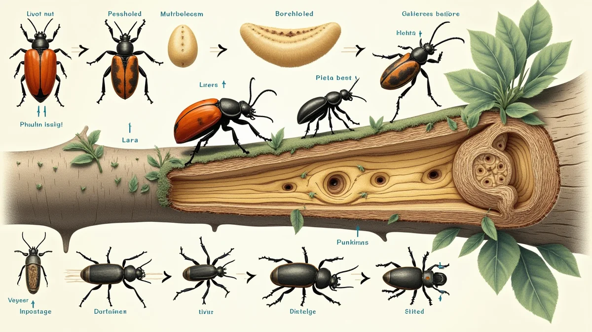 Ilustración que muestra el ciclo de vida del escarabajo barrenador y la ubicación del daño en el tronco