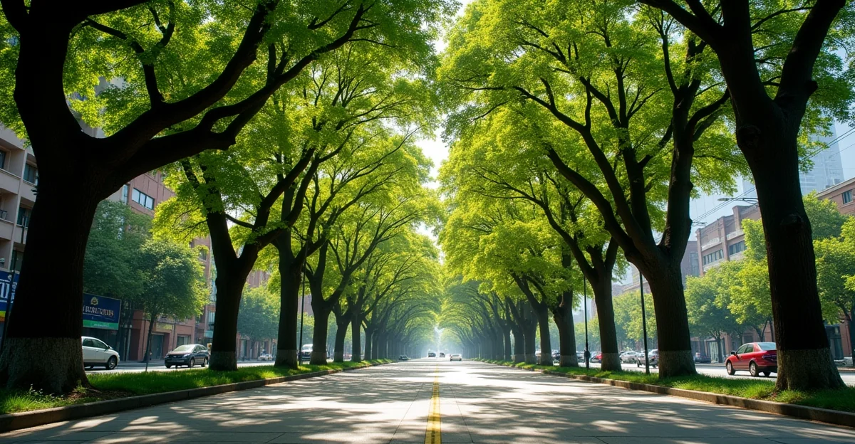 Fotografía de alta resolución que muestra árboles urbanos en la Ciudad de México con un fondo de cielo claro, sin texto